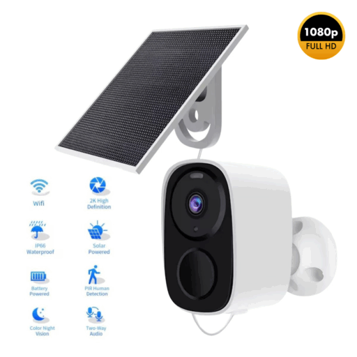 Solar power security camera for outdoor use, wireless Wi-Fi enabled and powered by solar energy.